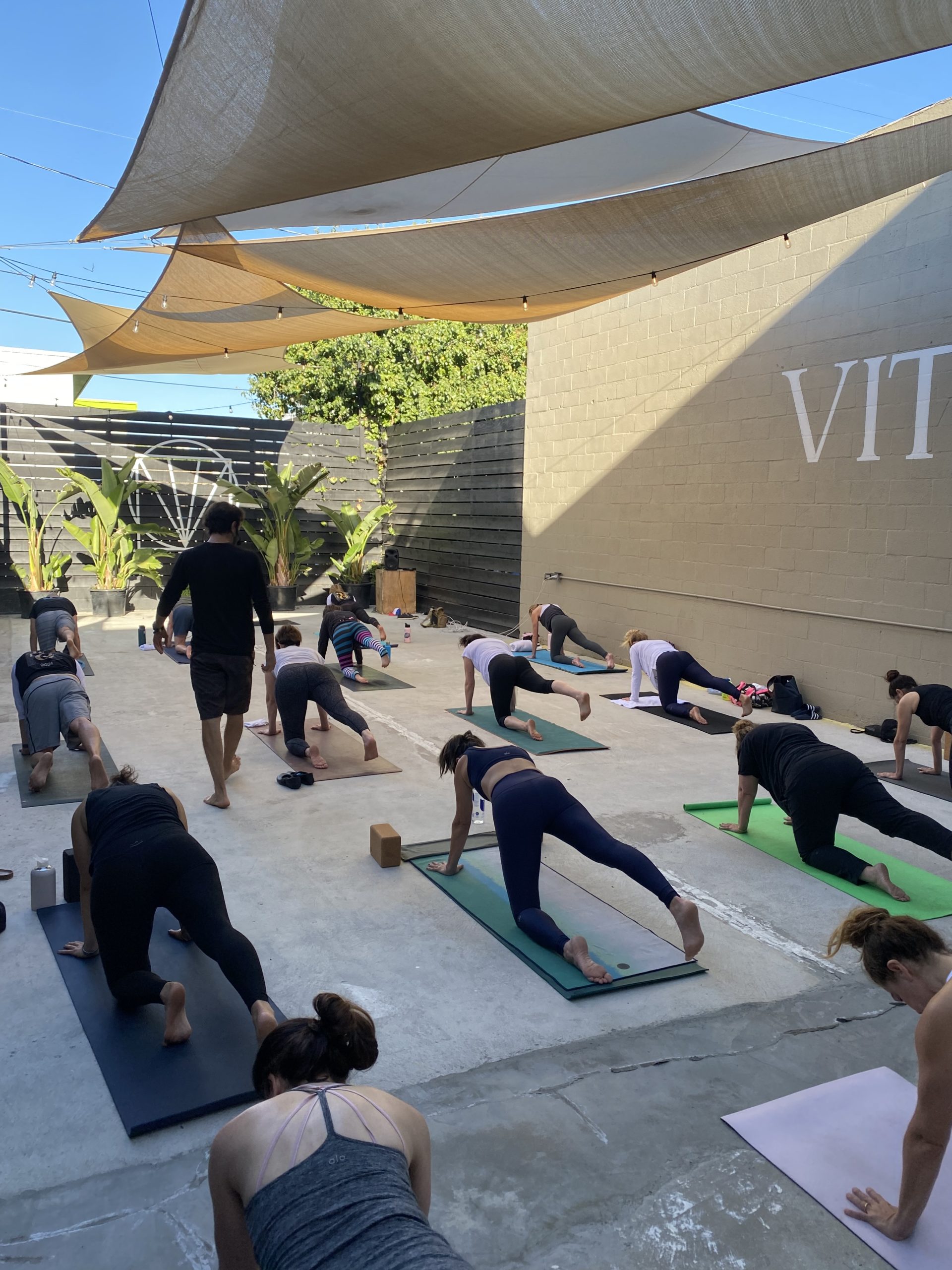 A group of people practicing yoga outdoors on mats under a shaded area at Vitru in Los Angeles. Yoga instructor and The Light Orchard founder Dalton Grant is walking between the rows of participants.
